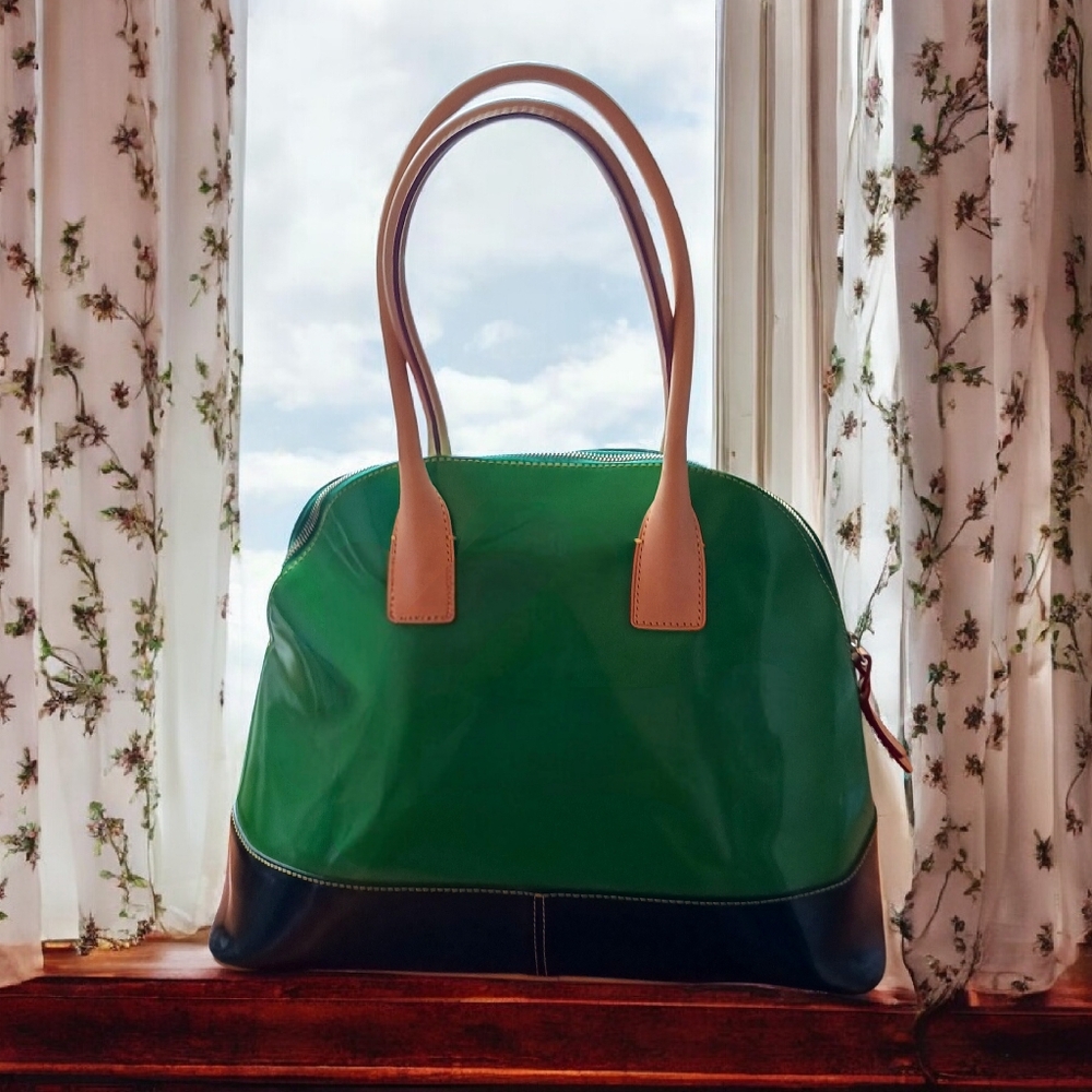 Dooney & Bourke Vintage Patent Leather Dome Tote Handbag In Emerald 12"×16"x7 - Picture 6 of 14